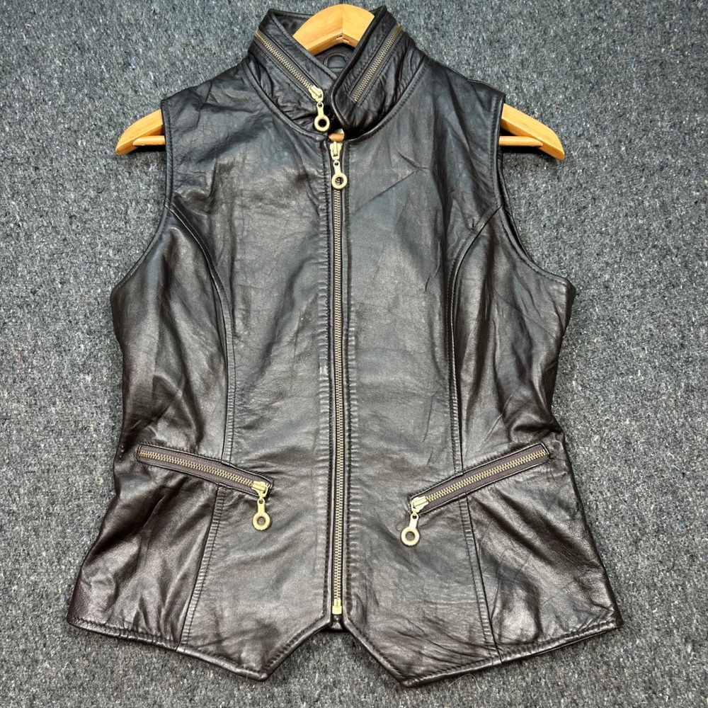 Cache Leather Vest Sz L Womens Brown Moto Goth Rem Garson Zip Funnel Neck Biker
